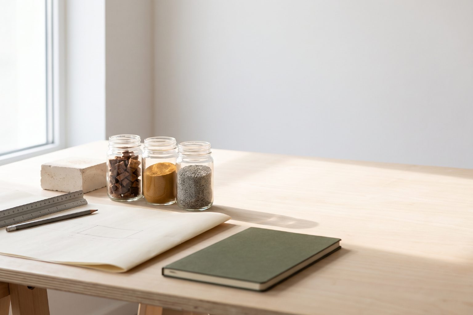 A model-maker's bench in morning light: a steel scale rule, a pencil, a folded drawing, three glass jars of cork, sand and gravel, a plaster block and a green notebook.