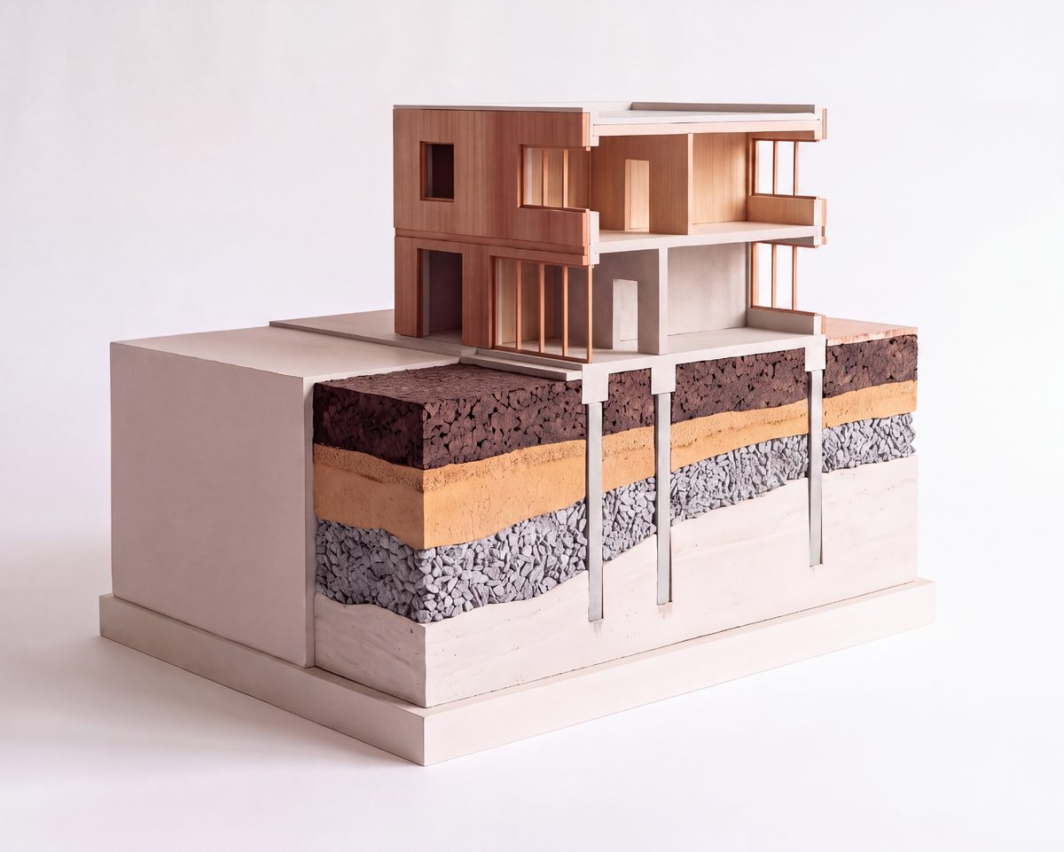 A physical cutaway model of a small commercial building standing on a slab, with the earth beneath cut away to show concrete piles driven through topsoil, clay and gravel into bedrock.