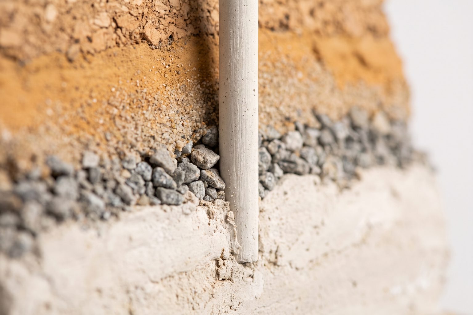 Close up of one concrete pile of the model passing down through ochre clay and grey gravel into pale bedrock.